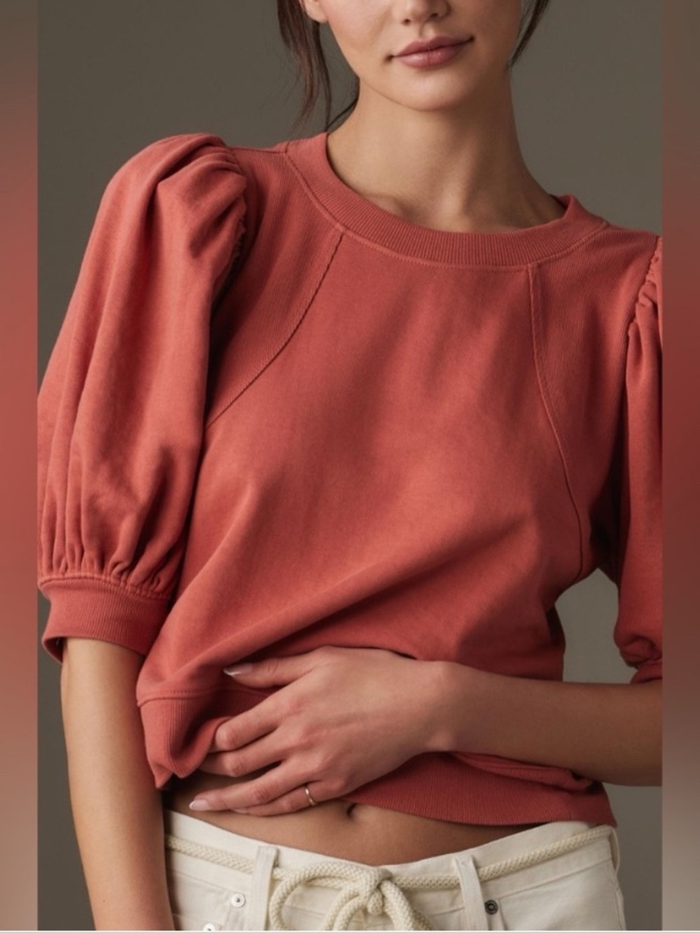 Anthropologie Maeve Puff Sleeve Sweatshirt Top- Short Sleeve Terra Cotta Sz XXS